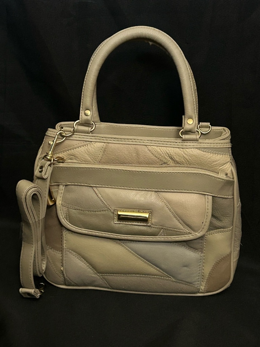 Neutral Patchwork Satchel Handbag Purse Taupe/Cream NWOT